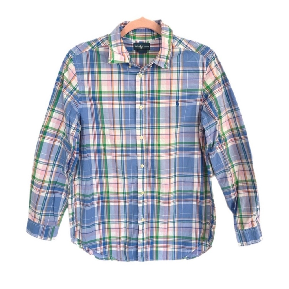 Ralph Lauren Blue Pink Plaid Button Down Dress Shirt Women’s Size XL 18-20